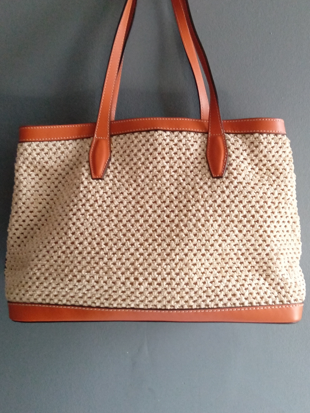 Innue Italy Woven Straw and Cognac Leather Tote Shoulder Bag Made in Italy
